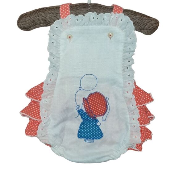 Vintage Baby Eyelet Embroidered Ruffle Bottom Bubble Romper 9m - Picture 3 of 10